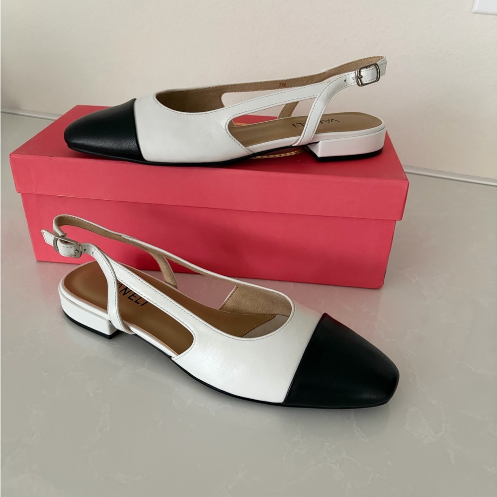 Vaneli Black and White Slingback Flats